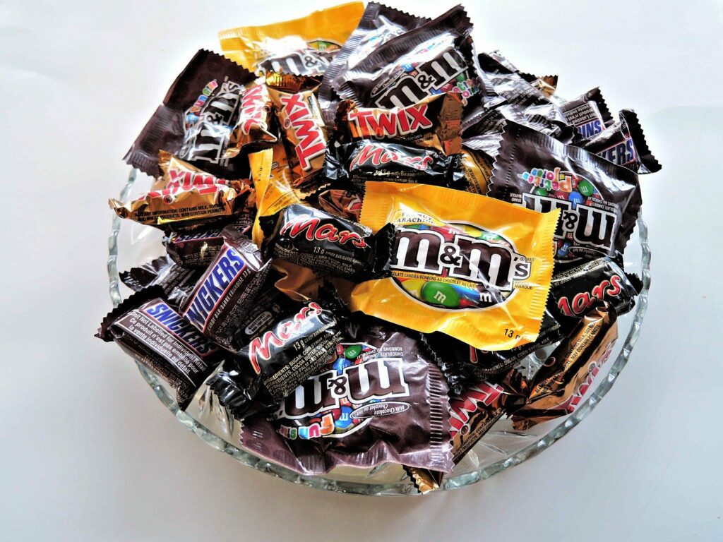 Image is of a bowl of Halloween candy