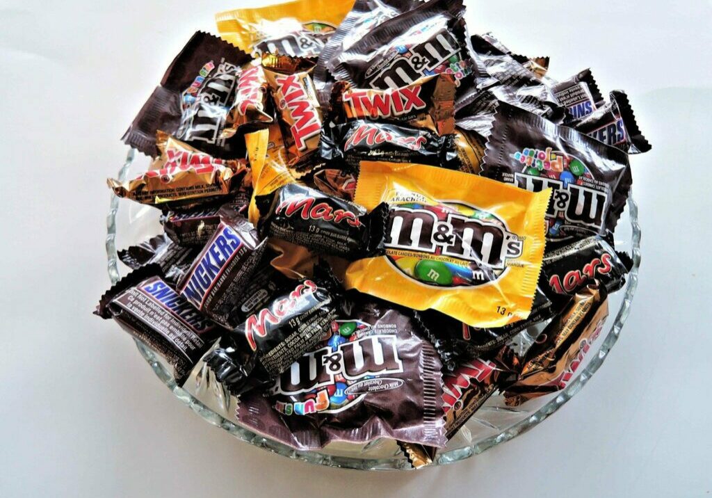 Image is of a bowl of Halloween candy